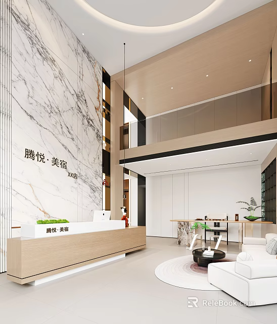Modern Hotel Lobby Design With Marble Wall Wooden Reception Desk And Elegant Lounge Area 3d model 