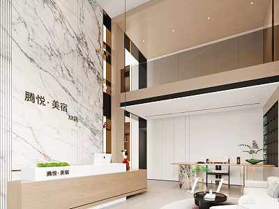 Modern Hotel Lobby Design With Marble Wall Wooden Reception Desk And Elegant Lounge Area 3d model