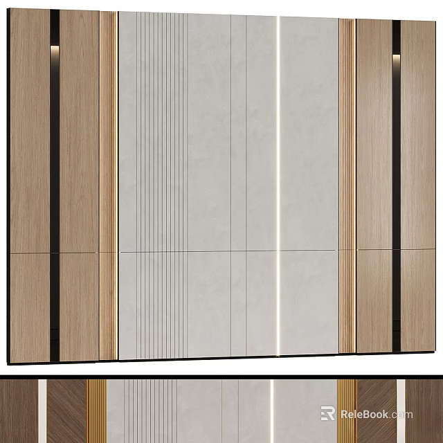 Modern Wall Design With Wooden Vertical Panels And Striped Stone Surface 3d model 