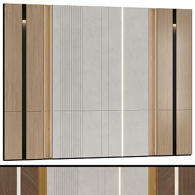 Modern Wall Design With Wooden Vertical Panels And Striped Stone Surface 3d model