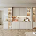 Elegant Modern Kitchen Wine Cabinet Design With Glass Doors LED Lighting And Decorative Items