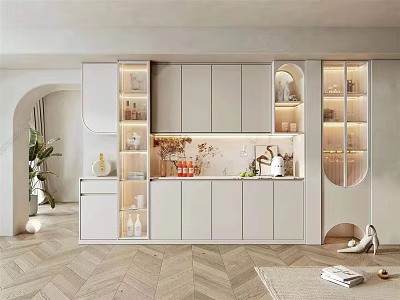 Elegant Modern Kitchen Wine Cabinet Design With Glass Doors LED Lighting And Decorative Items 3d model