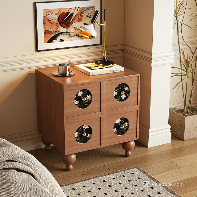 Wooden Nightstand With Four Round Glass Decorations On Drawers And Lamp Cup Book On Top 3d model 