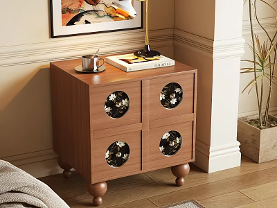 Wooden Nightstand With Four Round Glass Decorations On Drawers And Lamp Cup Book On Top 3d model