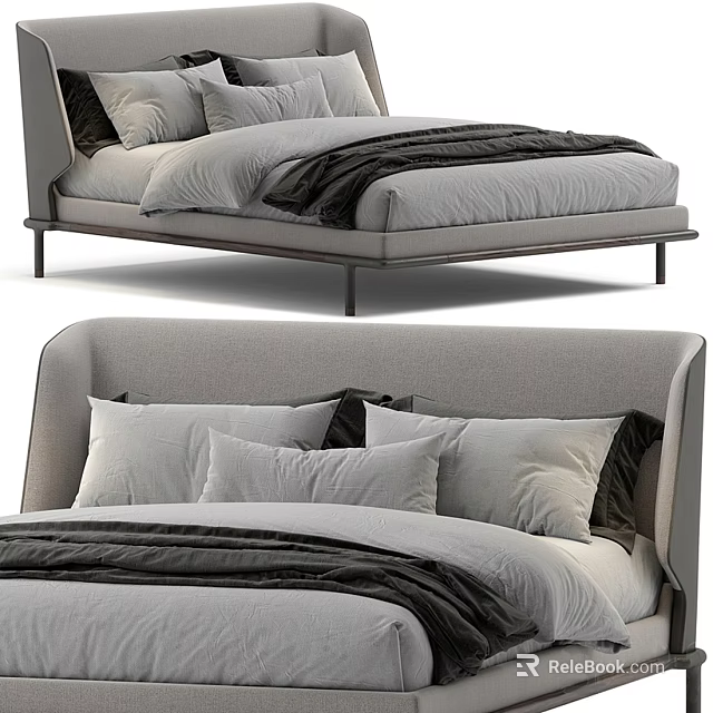 Modern Upholstered Double Bed With Light Gray Headboard And Black Gray Pillows 3d model