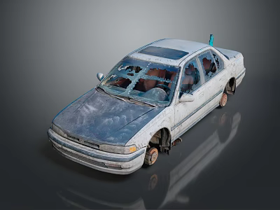 Abandoned Old Car With Broken Windows Rusty Body And Damaged Interior 3d model