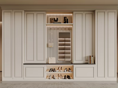 Modern Built in Shoe Cabinet With Mirror And Organized Storage Shelves 3d model