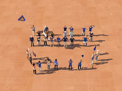 Group of People Standing in Circle Holding Blue Flag on Brown Outdoor Field 3d model
