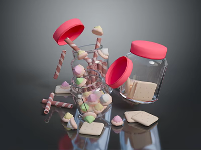 Colorful Marshmallows And Crackers In Glass Jars And Cup With Pink Lids And Striped Straws 3d model