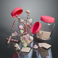 Colorful Marshmallows And Crackers In Glass Jars And Cup With Pink Lids And Striped Straws
