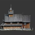 Traditional Wooden House With Gray Roof Tower Structure And Water Reflection