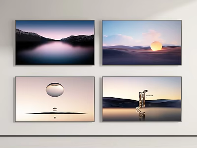 Four Wall Mounted Televisions Displaying Scenic Views Lake Sunset Water Drop Sand Dune And Silhouette 3d model