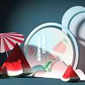 Hello Summer Themed Scene With Watermelon Slices And Red White Striped Umbrella