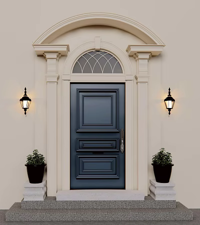 Navy Blue Swing Door With Arched Window White Frame Wall Lamps And Green Plants 3d model