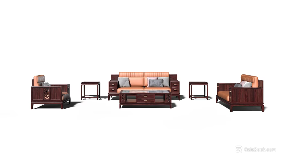 Modern Wooden Sofa Coffee Table Combination With Soft Cushions And Side Tables 3d model