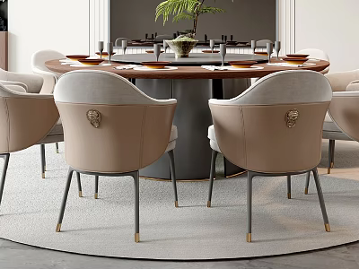 Elegant Round Dining Table and Beige Chairs Set with Gold Accents in Dining Room 3d model