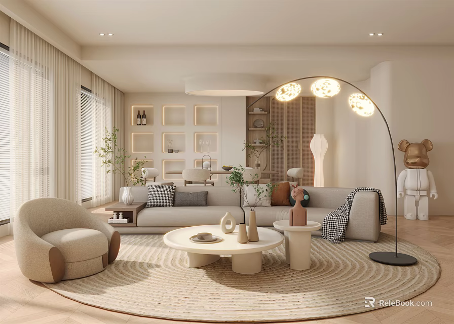 Modern Cozy Living Dining Room Interior With Sofa Coffee Table Floor Lamp Area Rug And Decorative Plants 3d model 