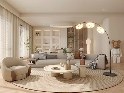 Modern Cozy Living Dining Room Interior With Sofa Coffee Table Floor Lamp Area Rug And Decorative Plants 3d model