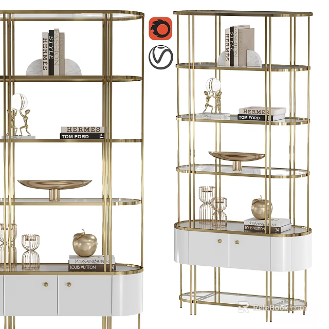 Modern Gold Frame Glass Shelves Display Unit With White Base Cabinet And Decorative Items 3d model 