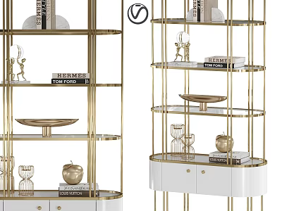 Modern Gold Frame Glass Shelves Display Unit With White Base Cabinet And Decorative Items 3d model