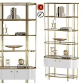Modern Gold Frame Glass Shelves Display Unit With White Base Cabinet And Decorative Items