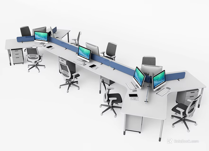 Modern Office Desk Setup With Multiple Computer Monitors Office Chairs And Dividers 3d model