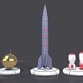 Military Rocket Weapon Display With Golden Sphere And Small Models On Platforms 3d model