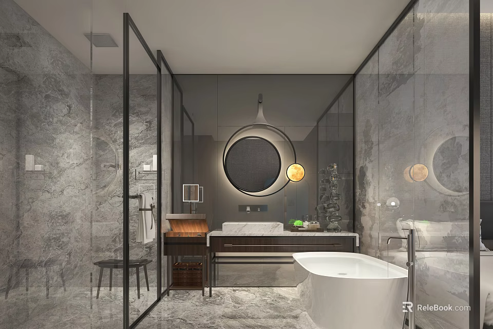 Luxury Hotel Bathroom Interior With Marble Walls Glass Shower And Freestanding Bathtub 3d model 