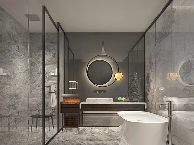 Luxury Hotel Bathroom Interior With Marble Walls Glass Shower And Freestanding Bathtub 3d model
