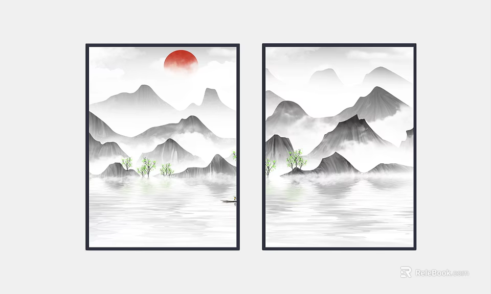 Traditional Chinese Landscape Art With Red Sun Misty Mountains And Calm Water 3d model 