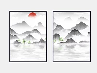 Traditional Chinese Landscape Art With Red Sun Misty Mountains And Calm Water 3d model