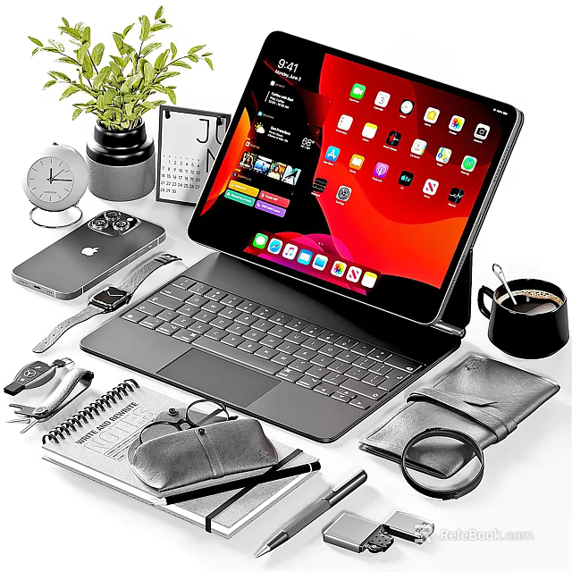 Modern Tablet With Keyboard Featuring Smartphone Smartwatch Notebook Coffee Cup And Accessories 3d model 