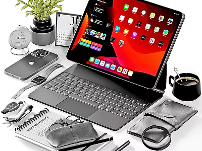 Modern Tablet With Keyboard Featuring Smartphone Smartwatch Notebook Coffee Cup And Accessories 3d model