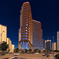 Modern Spiral Exterior Office Building With Glass Curtain Wall In Urban Setting With Palm Trees