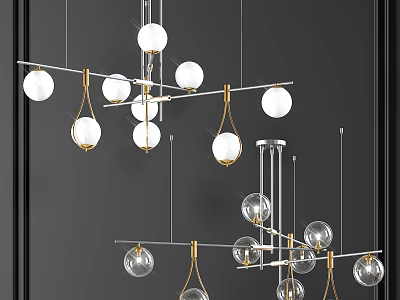 Modern Chandelier Design With Glass Spheres And Gold Metal Hanging Frames 3d model