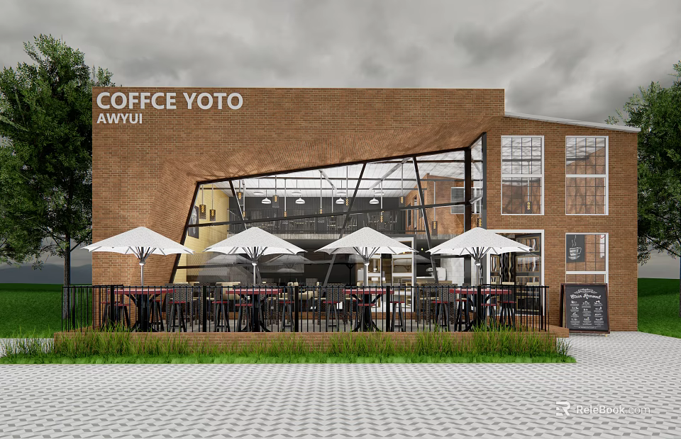 Coffee YOTO Storefront With Brick Building Large Glass Windows Outdoor Seating White Umbrellas And Greenery 3d model 