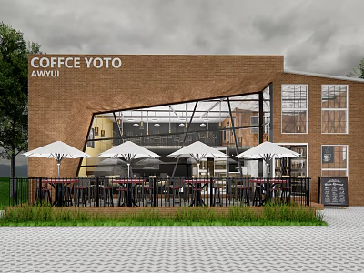 Coffee YOTO Storefront With Brick Building Large Glass Windows Outdoor Seating White Umbrellas And Greenery 3d model