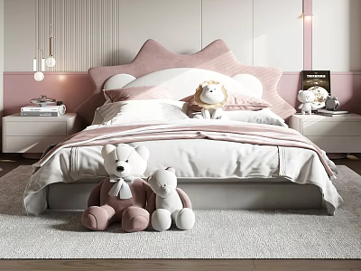Kids Bed With Pink Star Shaped Headboard Plush Teddy Bears White Bedding And Bedside Tables 3d model