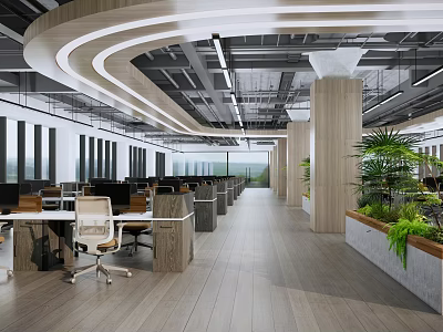Modern Public Office Space With Open Layout Desks Ergonomic Chairs Green Plants And Natural Light 3d model
