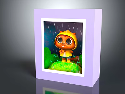 Cute Cartoon Character In Yellow Raincoat Inside Purple Frame With Rainy Green Plants 3d model