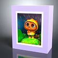Cute Cartoon Character In Yellow Raincoat Inside Purple Frame With Rainy Green Plants