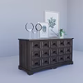 Rustic Wooden Entryway Side Cabinet With Drawers Framed Art Round Mirror And Potted Plant