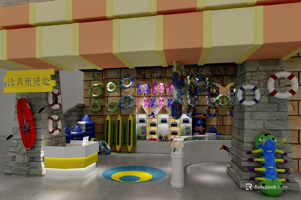 Toy Wholesale Store Interior With Colorful Toys Lifebuoys Kayaks And Display Shelves 3d model 
