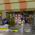 Toy Wholesale Store Interior With Colorful Toys Lifebuoys Kayaks And Display Shelves