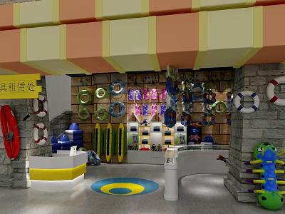Toy Wholesale Store Interior With Colorful Toys Lifebuoys Kayaks And Display Shelves 3d model