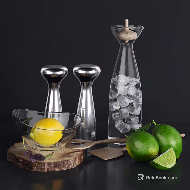 Kitchen Utensils Set With Glass Bowl Lemon Limes Ice Bottle Silver Shakers And Wooden Board 3d model 