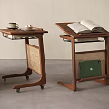 Stylish Wooden Side Tables With Rattan Panels Wheels Open Book And Coffee Cup