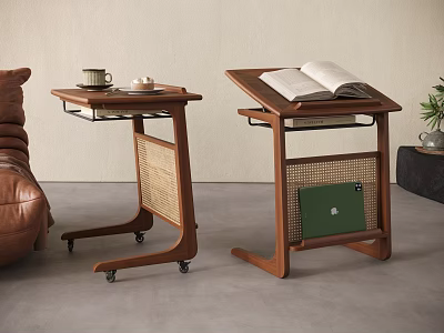 Stylish Wooden Side Tables With Rattan Panels Wheels Open Book And Coffee Cup 3d model