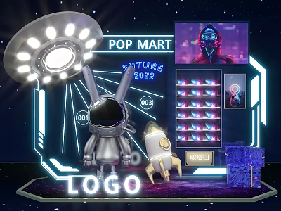 POP MART FUTURES 2022 Exhibition Featuring Astronaut Rabbit Rocket Model And Display Shelves 3d model