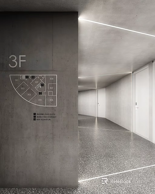 Modern 3F Elevator Hallway Featuring Concrete Walls Floor Plan And Exit Signs 3d model 